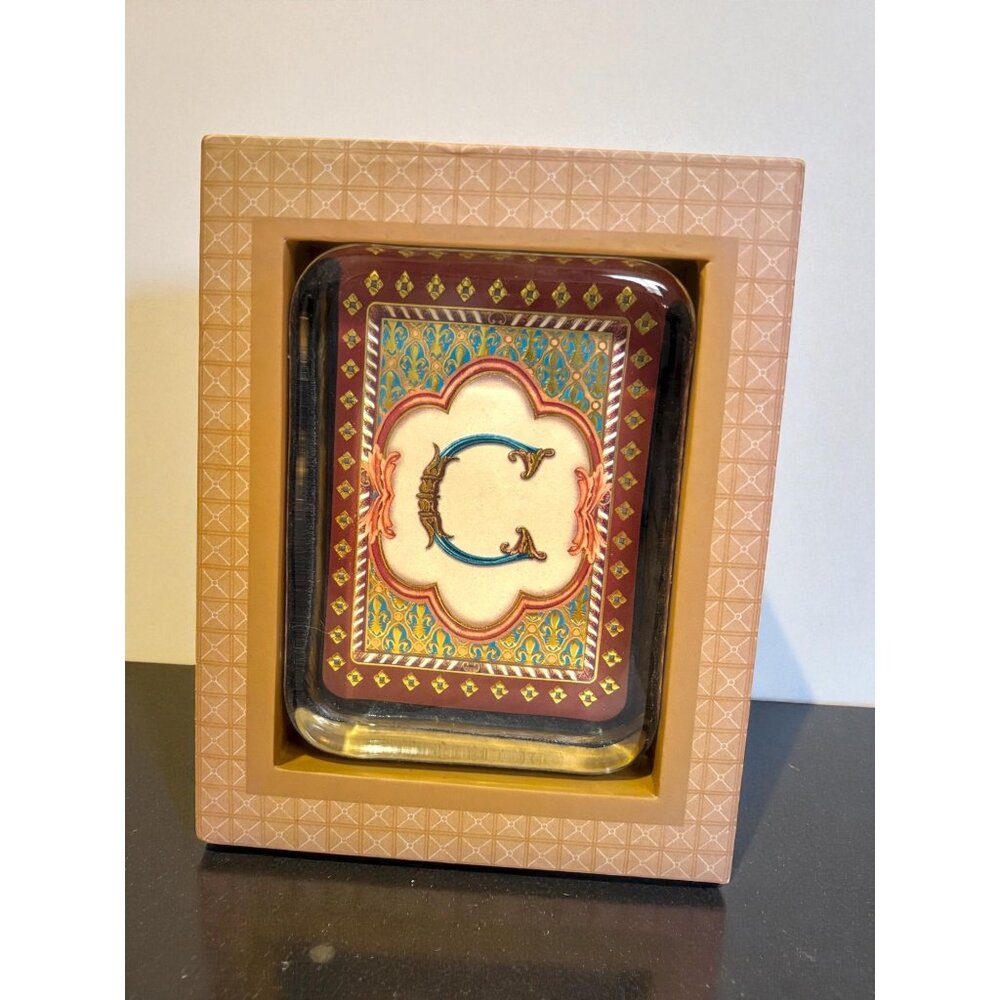 Vintage-Style Glass Paperweight With Ornate Letter "C" Design Gold foil embossed
